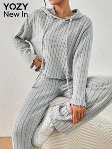 YOZY Two-Piece Set Women's Solid Ribbed Lounge Set, Casual Long Sleeve Hooded Top & Pants for Daily Wear, Ladies Two-piece for All Seasons, Pajama