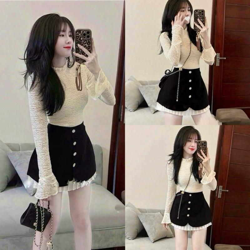 Set váy đầm áo thun ren tay loe mix chân váy đính cúc đá(CÓ LÓT QUẦN)siêu xinh. Thời trang tiểu thư thanh lịch dạo phố, tiệc, đi chơi dành cho nữ by Đào Uyên Women