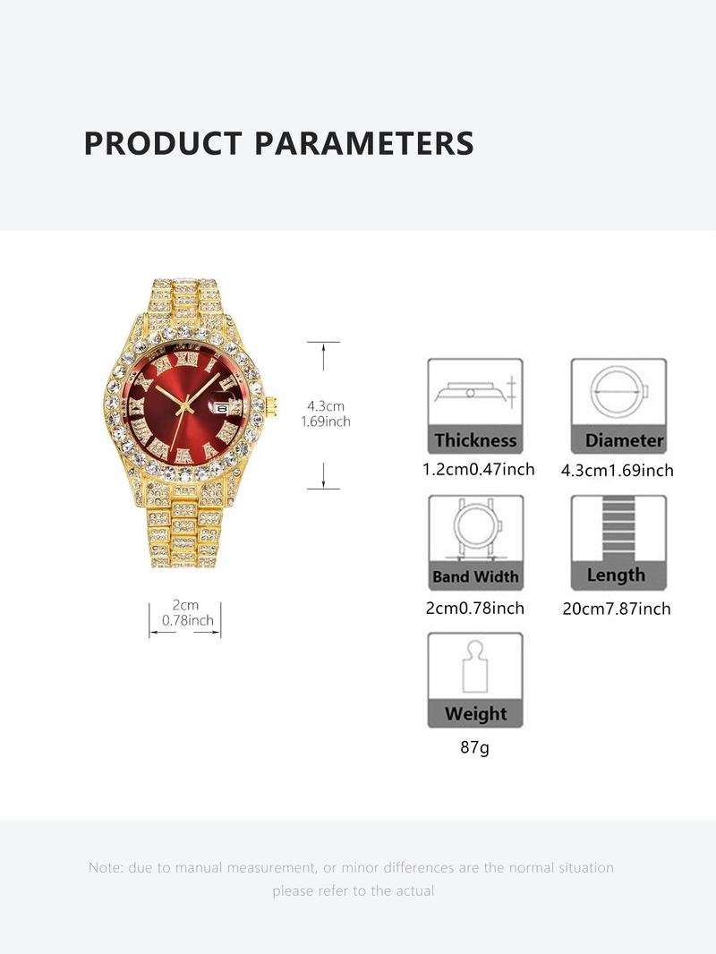 Product Introduction of Men's Luxury Rhinestone Decorated Analog Quartz Watch with Date Function, Fashion Watch for Party, Daily Decor, Trendy All-match & Exquisite Watch for Birthday Gift with Box 1