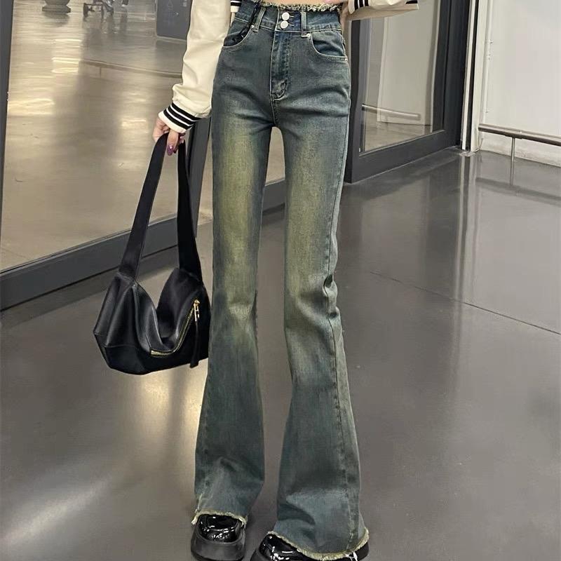  N42 quần jean hot girl đường phố màu xanh retro phong cách Hàn quốc quần dài Pants 