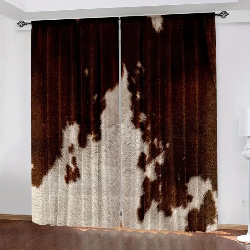 Cowhide Pattern Window Curtain, 2pcs Farm Animal Window Drapes, Western Cowboy Farmhouse Window Curtain, Home Decor for Living Room Bedroom 2