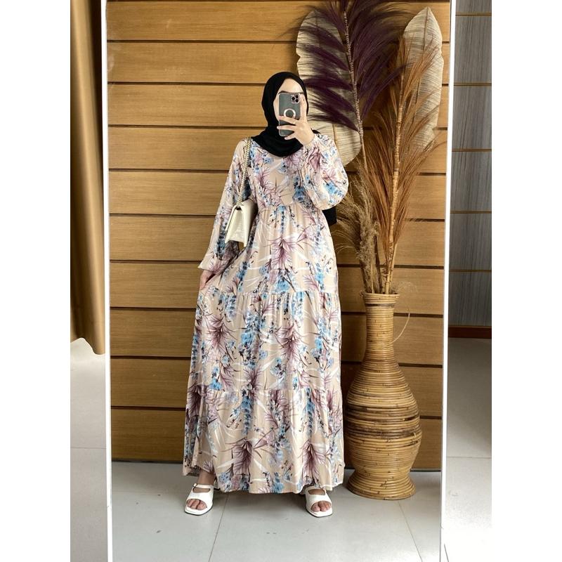 Gamis rayon motif cantik Dress rayon motif bunga Gamis rayon kekinian Dress busui kekinian Gamis rayon busui 2
