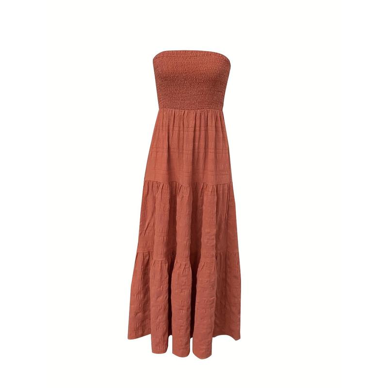 Elegant Off-Shoulder Tiered Dress - Solid Color, Shirred Waist, Machine Washable - Perfect for Spring/Summer 1
