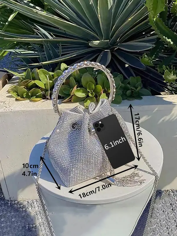 Women's Rhinestone Decorated Evening Bag with Round Top Handle, Elegant Shiny Tassel Chain Drawstring Design Shoulder Bag for Party, All-match Commuter Bag for Work & Daily Used, Valentine's Day Gift for Girl, Ladies Purse 7