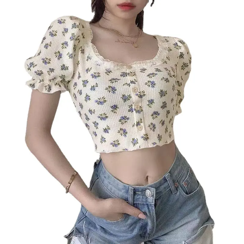 Áo Thun Ngắn Hoa, Phong Cách Cổ Điển Phong Cách Mỹ Mùa Hè, Vải Bánh Quế, Có Cổ Áo Và Tay bồng In Hoa Cổ Điển Cropped Xén, Dáng Ôm Cho Nữ, Có Nút Phồng Ngắn