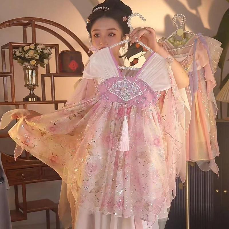 Váy Hanfu, PippiKids-Cô Gái, Phong Cách Cổ Trang, Siêu Thanh Lịch, Phong Cách Trung Quốc Mùa Hè 2024 Mới, Váy Công Chúa Trang Phục Cổ Trang Cho Bé Gái