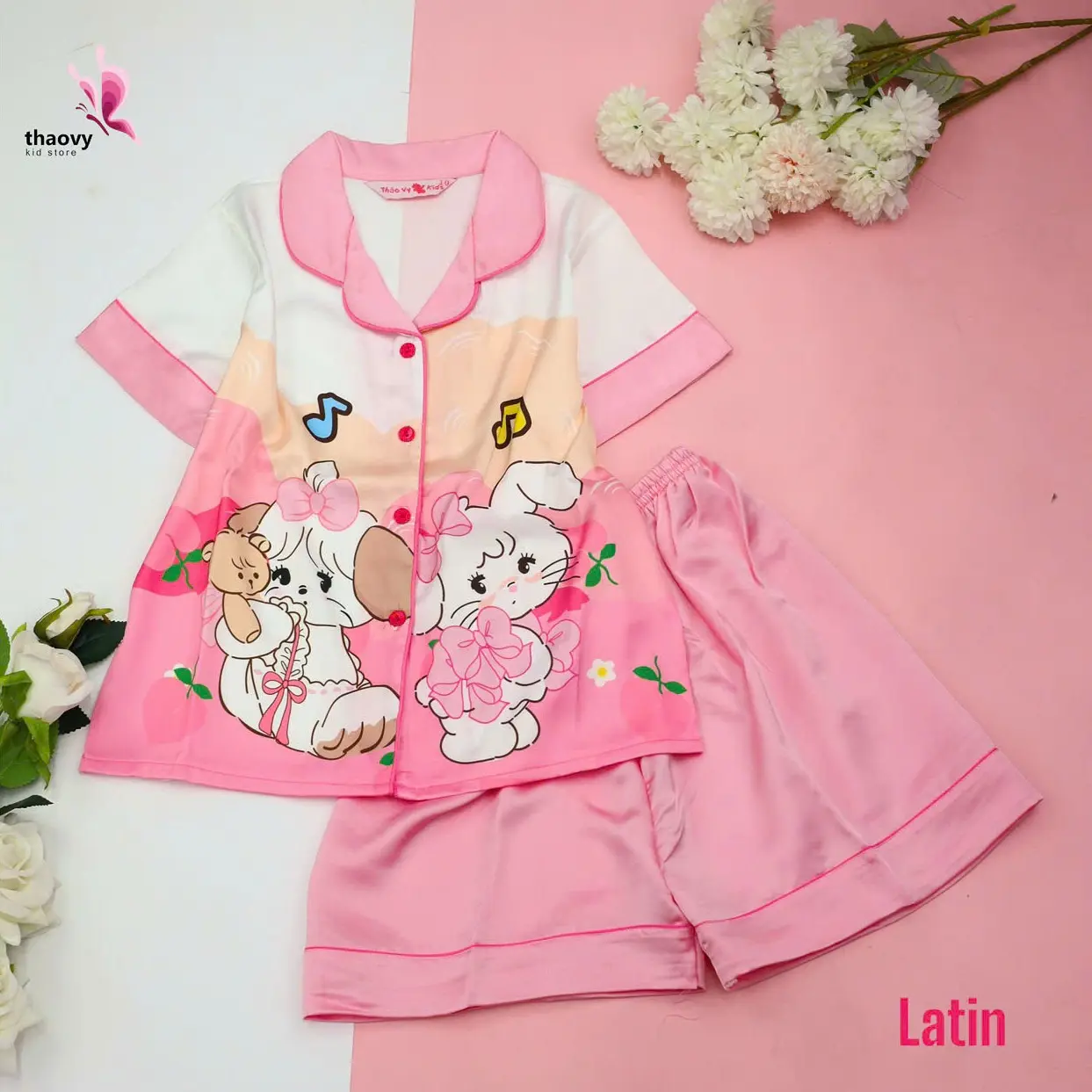 [10-55Kg] Đồ Bộ Pijama Đùi Thỏ Vải Lụa Cao Cấp, Mềm Mịn Mát , Thấm Hút Mồ Hôi Tốt  - ThaoVySleepwear
