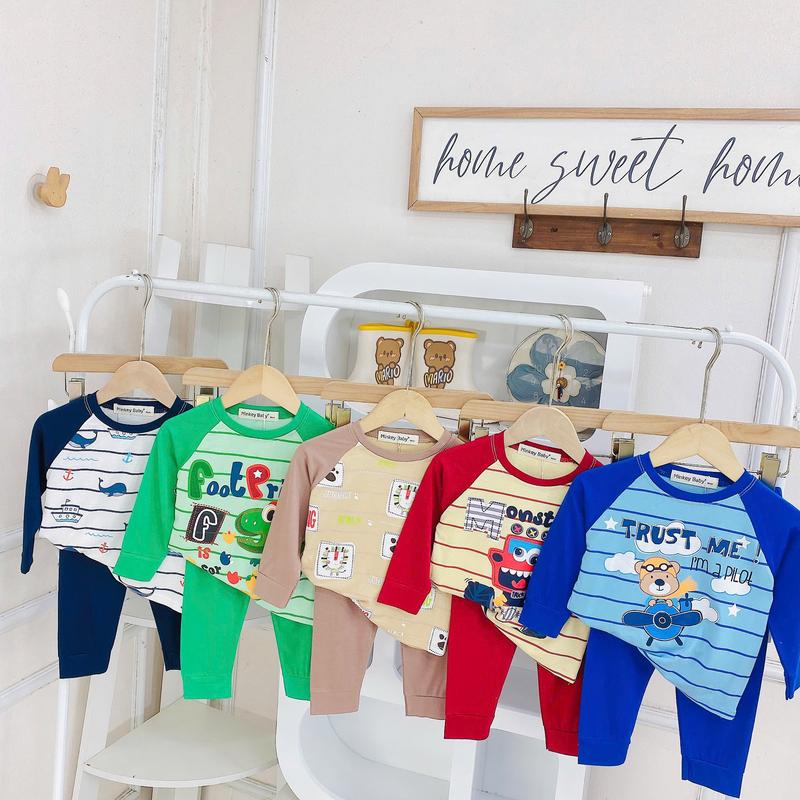 Đồ bộ thun lạnh tay dài quần dài cho bé trai bé gái (8-24kg), vải mềm mịn, thoáng khí, cho bé mặc ngủ thoải mái. 6