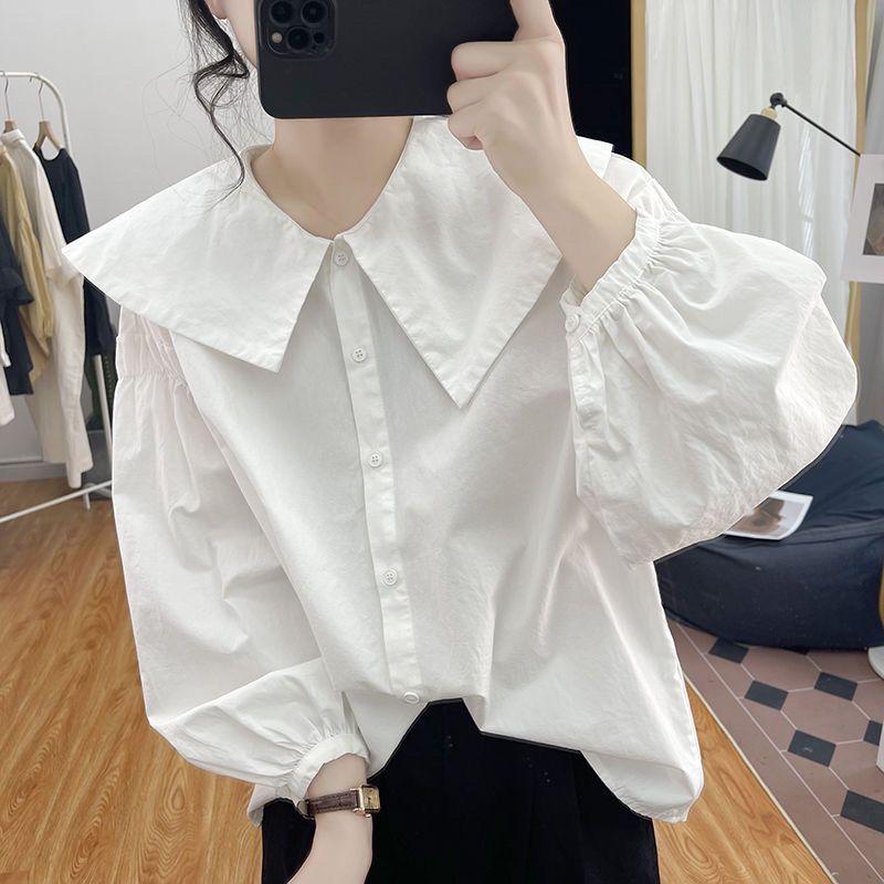 Áo Sơ Mi Dài Tay Trơn Cổ Búp Bê Bất Đối Xứng Dành Cho Nữ, Phong Cách Mùa Xuân Và Mùa Thu, Dáng Rộng Vừa Vặn, Trông Trẻ Trung, Áo Sơ Mi Lớp Cơ Sở, PCs, Phổ Biến 2