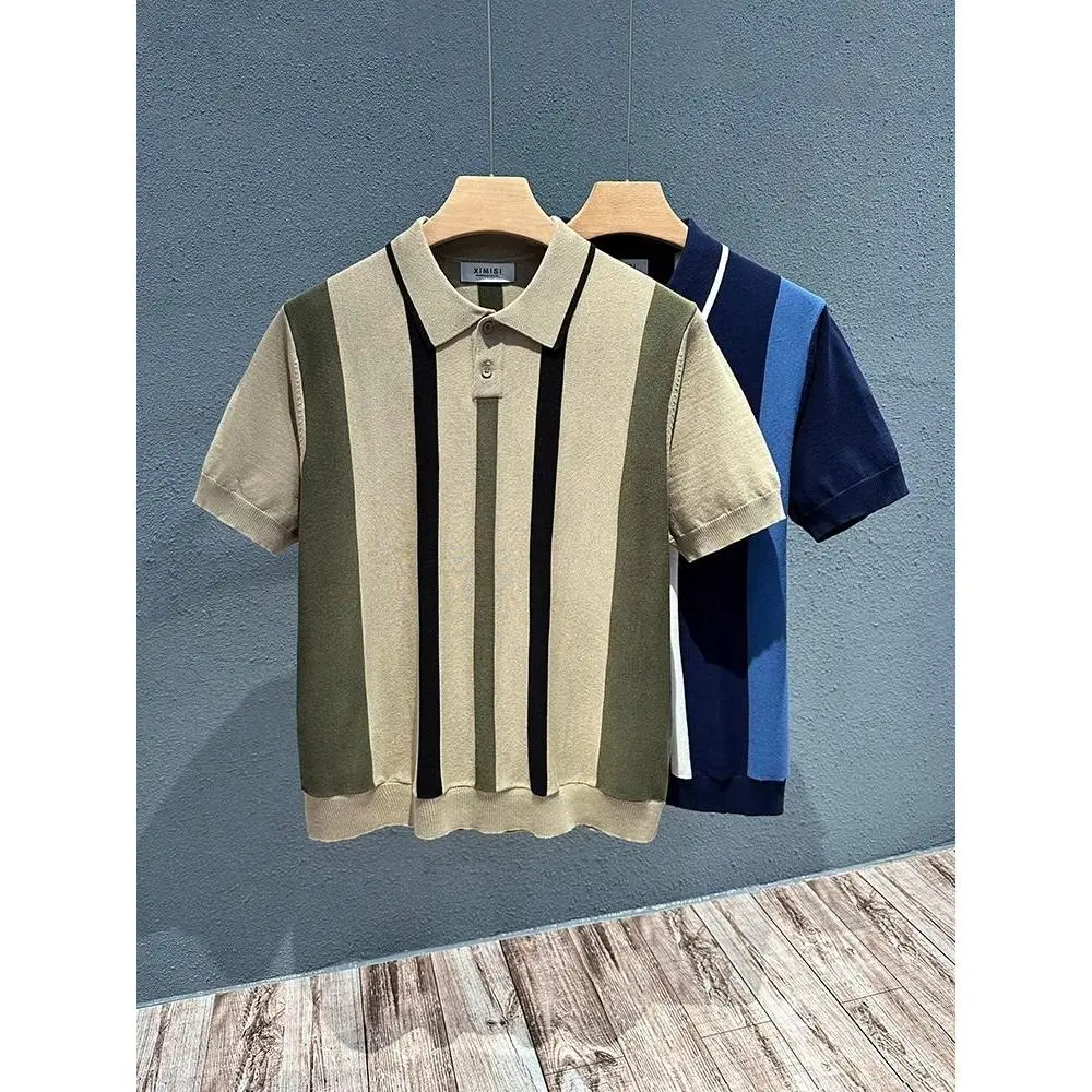 New British Fashion Striped Short-Sleeved Polo Shirt Vintage Ice Silk Breathable T-shirt Men's Top
