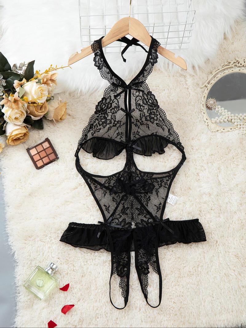 Product Introduction of Women's Cut Out Backless Sheer  Floral Lace Lingerie Bodysuit, Sexy Comfy Breathable Open Crotch  Design Cami Bodysuit for Daily Wear, Women's Lingerie for All Seasons 1