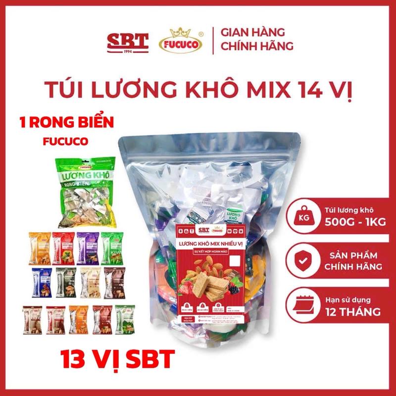 Túi Lương khô 1kg.Mix 14 vị.Gồm 13vị của SBT+1vị rong biển của Fucuco.Tặng 1 viên lương khô nhỏ.