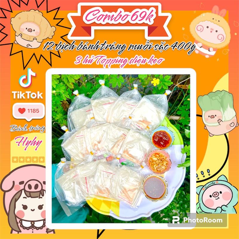 Bánh Tráng SA TẾ TÔM nhà HyHy Combo 69k/12 bịch Bánh Tráng Phơi Sương Loại Nhất - 1 Hủ SA TẾ TÔM - 1 Hủ TỎI PHI - 1 Hủ SỐT NGỌT CHUA - Đồ Ăn Vặt Snacks Food Thức Ăn banh  trang muoi sac phoisuong