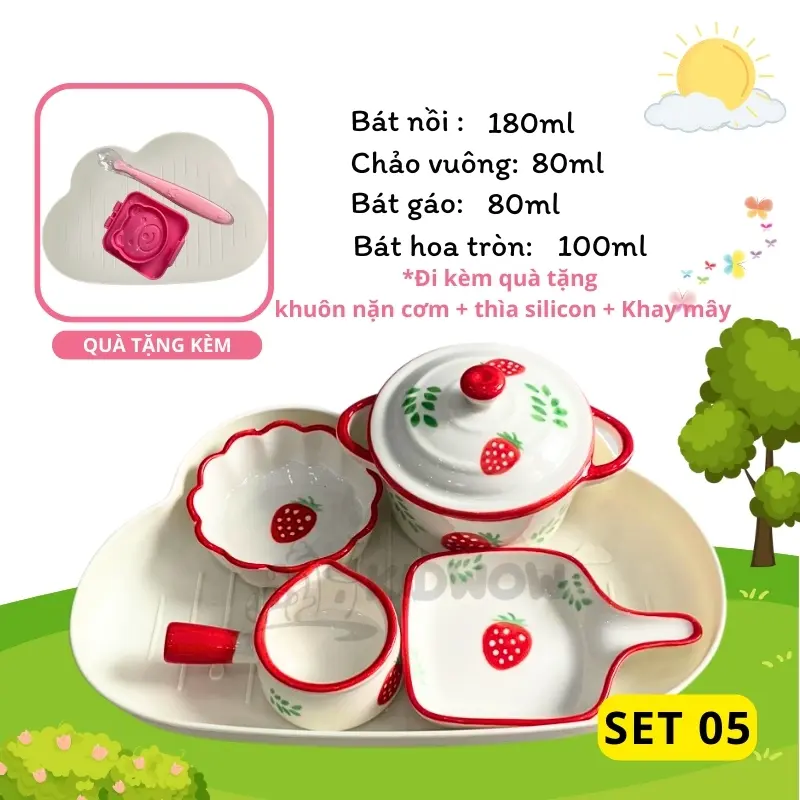 [TẶNG THÌA SILICON+ KHUÔN CƠM+ KHAY MÂY] Bộ Bát Sứ Ăn Dặm Cho Bé Siêu Đáng Yêu 3