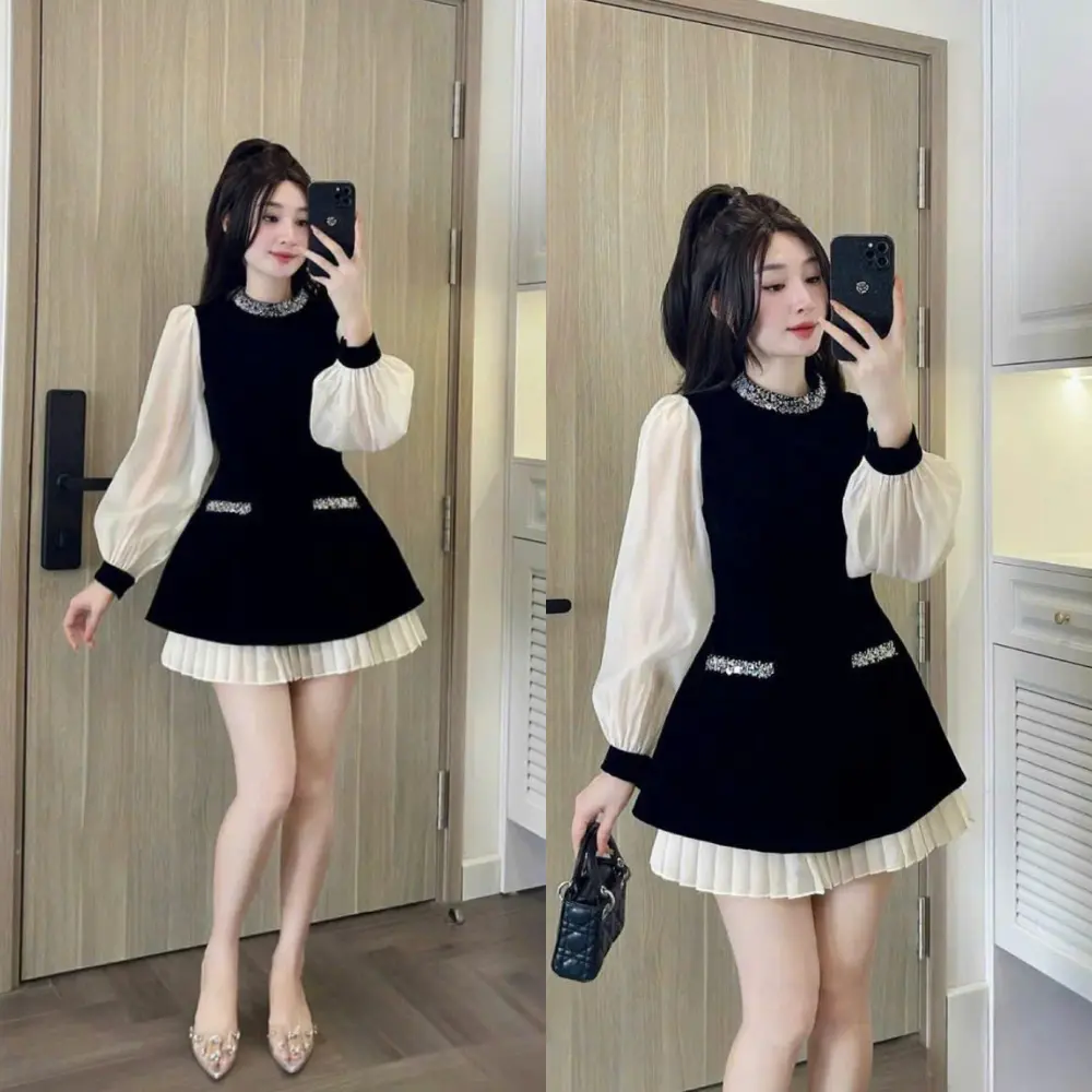 Váy nhung phối dập li khâu cổ đá FUMI