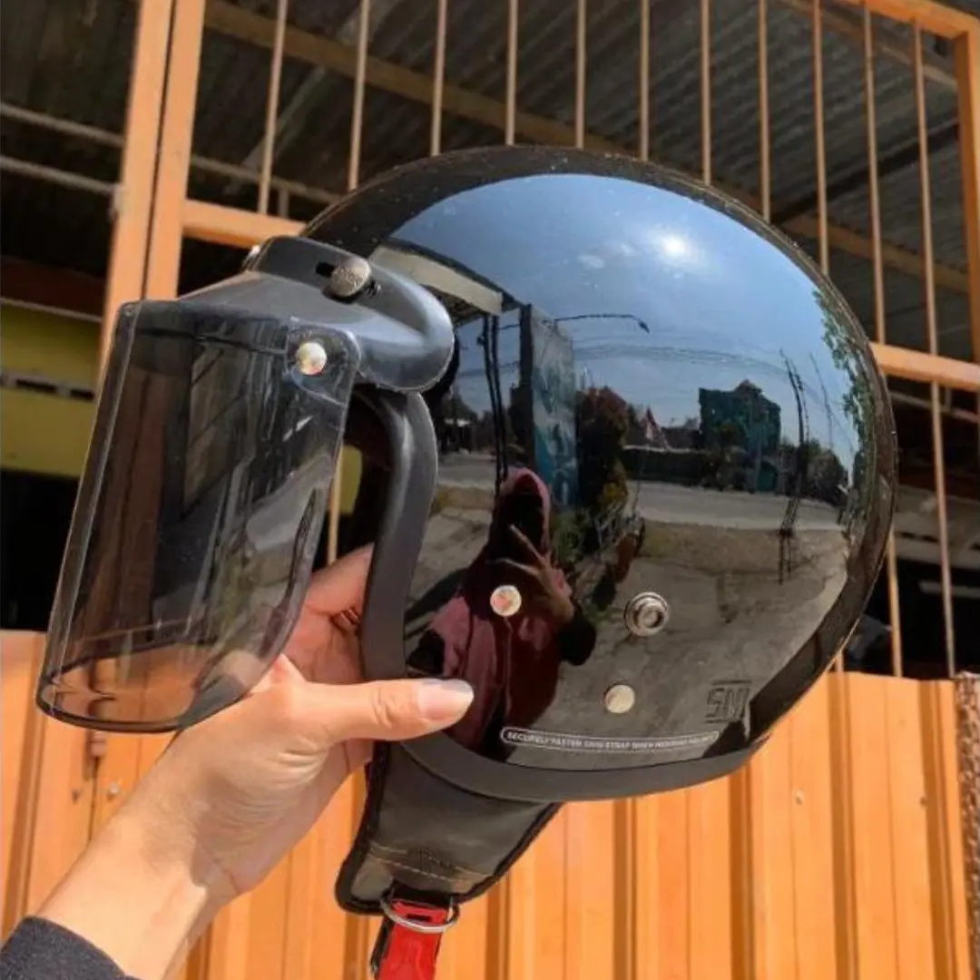 HELM BOGO CARGLOS DEWASA RETRO PRIA WANITA FULL LEHER SNI KUALITAS PREMIUM HITAM GLOSSY KACA DATAR HELMET MOTORCYCLE