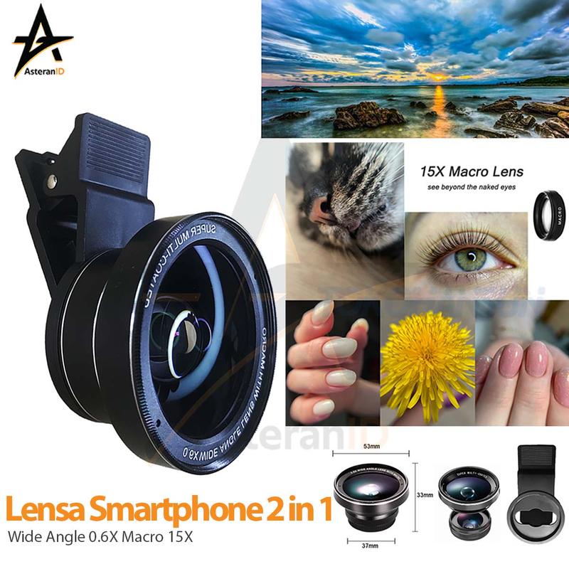 Lensa Smartphone 2 in 1 Wide Angle 0.6X Macro 15X Kamera - Shop | Tokopedia