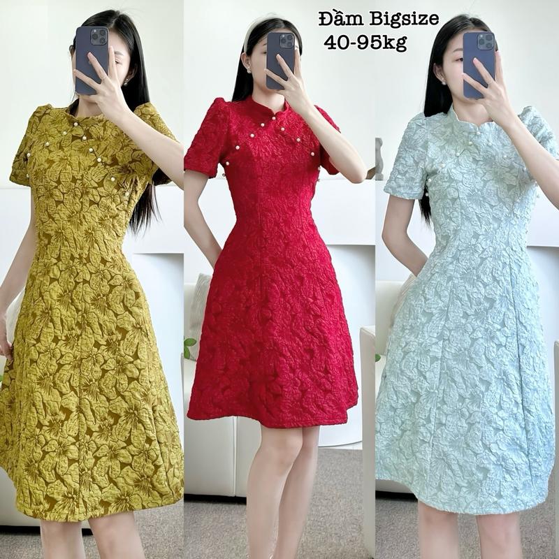   HCM  Đầm Nữ Bigsize Sườn Xám Chất Vải Gấm Tơ Thêu Hoa Nổi Ngọc Trai Cao Cấp Thiết Kế Dự Tiệc Tay Ngắn Đẹp Sang Trọng Dễ Thương Thanh Lịch Giá Rẻ đủ size 40-95kg ennhocobigsize Dress Xếp Ly Tay Loe Váy Voan Nữ Women Đỏ - 2160 