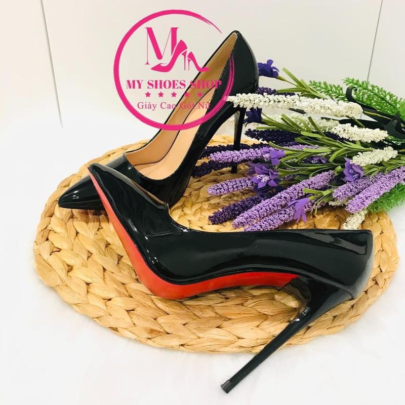 Màu Đen, Cao 11cm  12cm - Giày Cao Gót Da Bóng Đế Đỏ