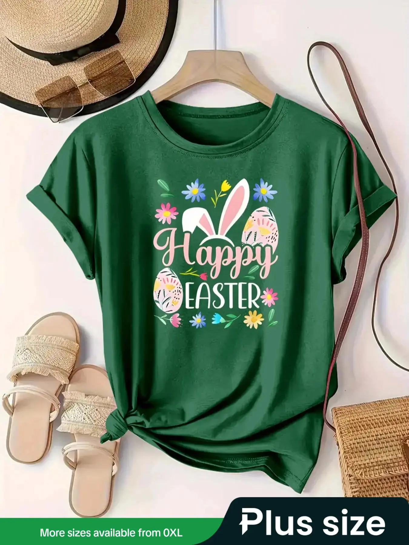 【Plus Size】 Cartoon Easter Egg & Rabbit Print Round Neck Tee, Fashion Casual Crew Neck Short Sleeve T-shirt for Daily Holiday Vacation Outdoor Wear, Women Plus Clothing for All Seasons