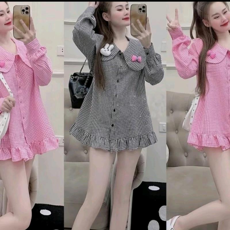 Đầm carô babydoll cổ lá sen đính sticker siêu dễ thương Nữ