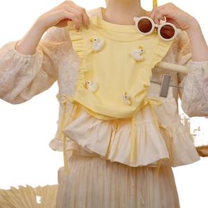 ชุดฤดูร้อนของเด็กผู้หญิง 2024 เด็กน่ารักเด็กสนุกเป็ดน้อยบินแขนเสื้อเด็กหน่อชุดสองชิ้น เด็กผู้ชาย