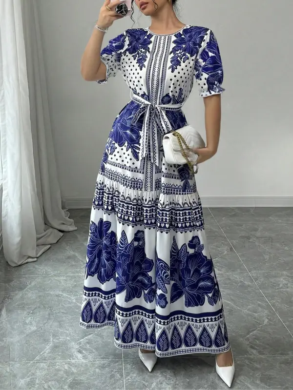 Women's Floral Print Belted Dress, Elegant Casual Round Neck  Dress for Spring & Fall, Women's Clothing for Daily Wear 3