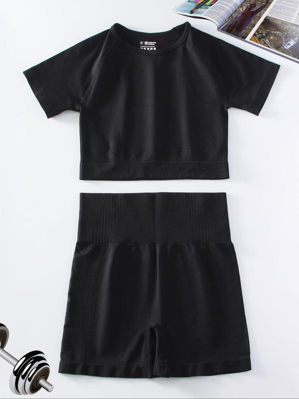 2 Counts Women's Basic Solid Raglan Sleeve Short Sleeve Crop Top & High Waist Shorts Tracksuit Set, Sporty Breathable Outfits for Summer Yoga Workout Running, Chav Sets 6