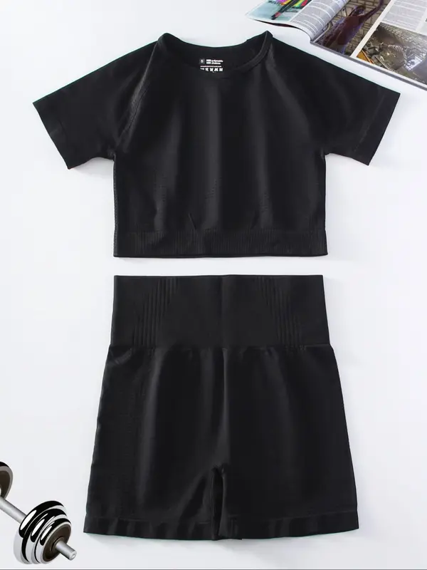 2 Counts Women's Basic Solid Raglan Sleeve Short Sleeve Crop Top & High Waist Shorts Tracksuit Set, Sporty Breathable Outfits for Summer Yoga Workout Running, Chav Sets 7