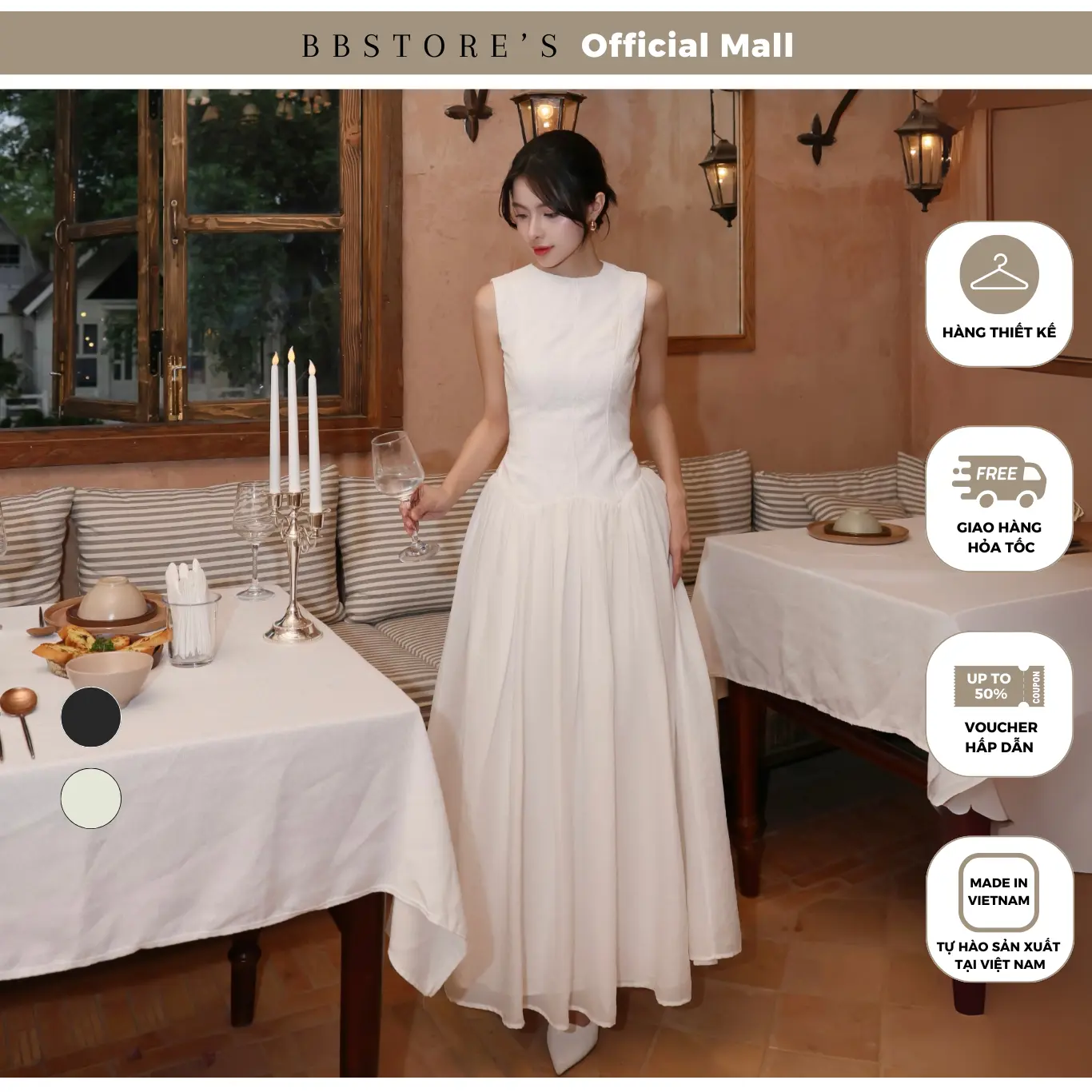 Đầm Dài Cổ Tròn Phối Ren Tùng Xòe Chất Voan Ánh Kim BBSTORE'S - D4291A