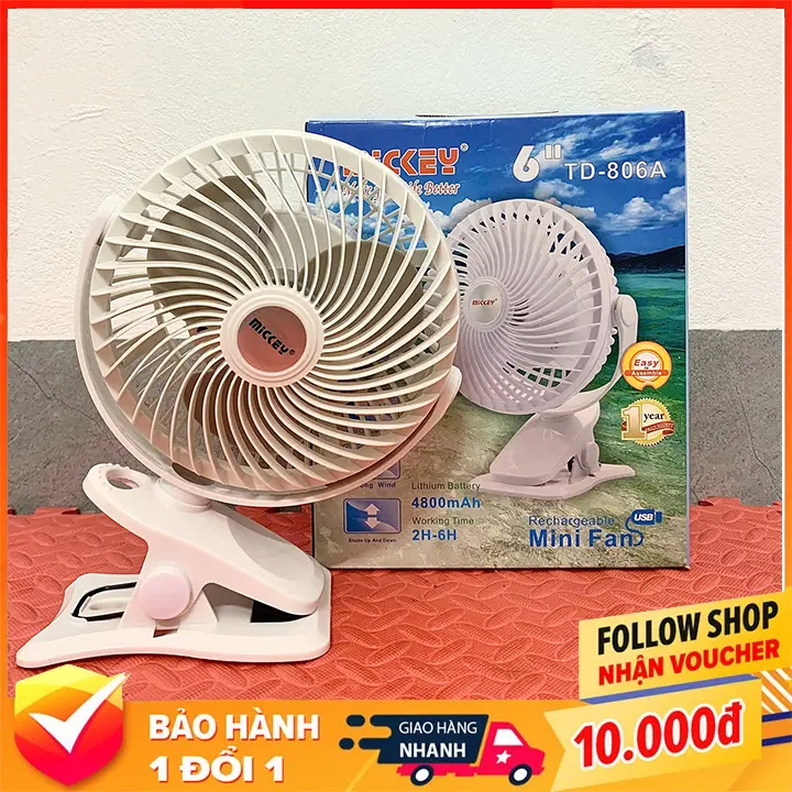 Quạt mini, Quạt Tích Điện Để Bàn Kẹp MICKEY 806 4800mAh Pin Siêu Khỏe Kích Điện Lâu Tiện Lợi Cho Công Sở Kẹp Xe Em Bé