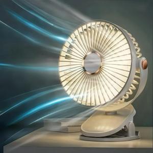 ポータブルなUSB充電式ミニファン、360度回転・風速5段階調整・LEDライト付き、RVやキャンプ、アウトドアスポーツ、ランニングに適用する