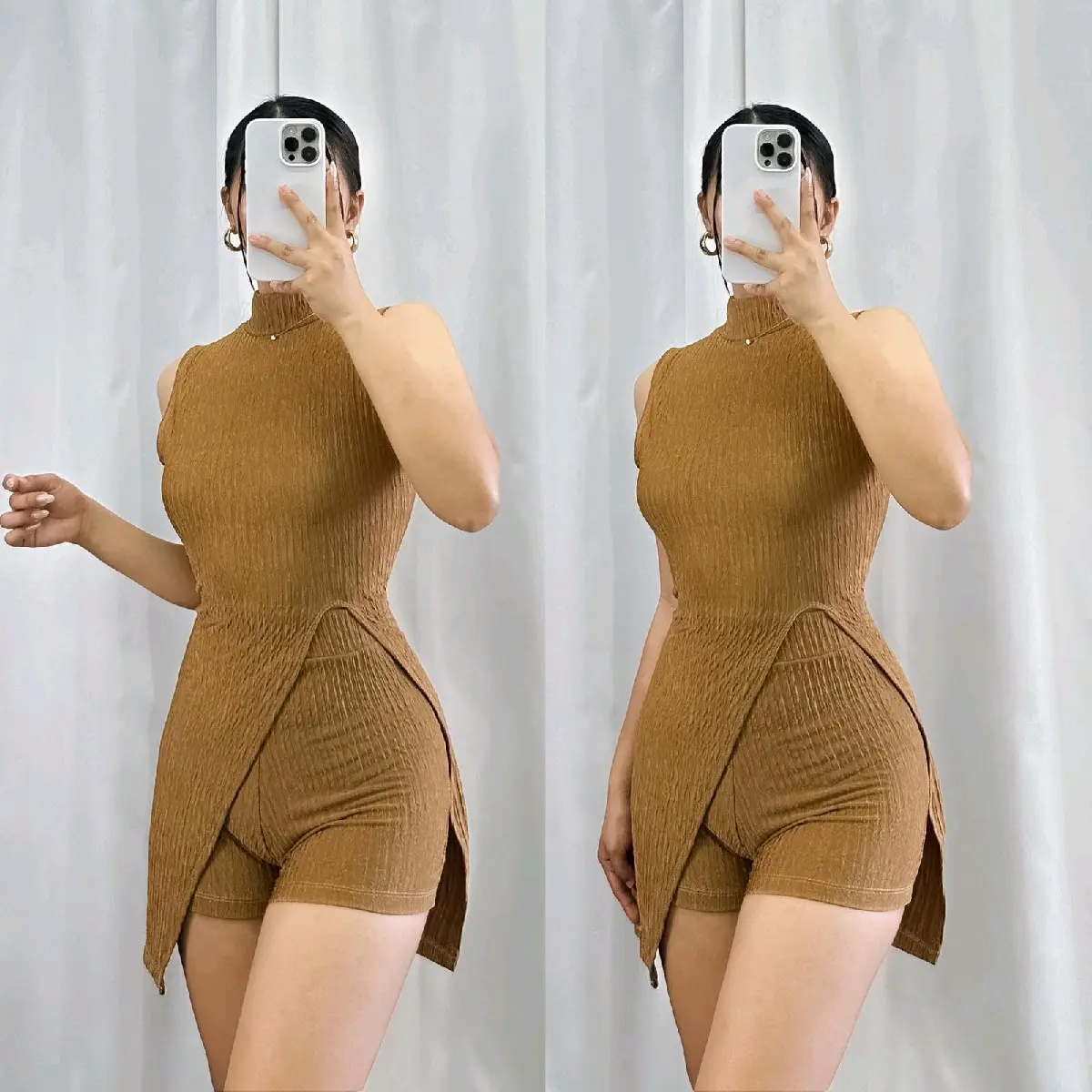 CHRISTINE TURTLE NECK SPLIT HEM  TANK TOP AND SHORT I Bark crepe fabricFit up to Semi Large Womenswear Comfortable Overalls Style Lady Comfort Sleeveless Suits Basic Casual Minimalist Medium Clothing coords outfit Lingerie