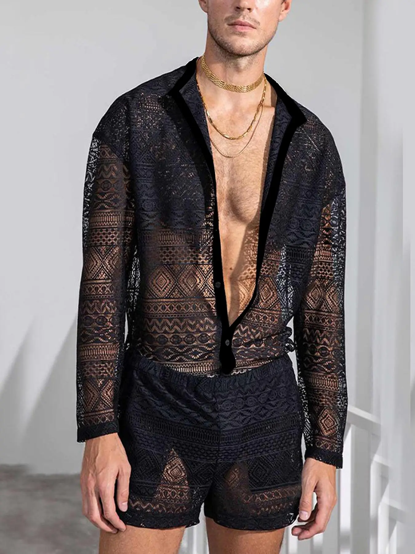 LGBTQ+ Men's Sheer Lace Hollow Out Shorts Set, Regular Fit Long Sleeve Top & Pocket Shorts for Daily Vacation Outdoor, Men's Outfits for Summer