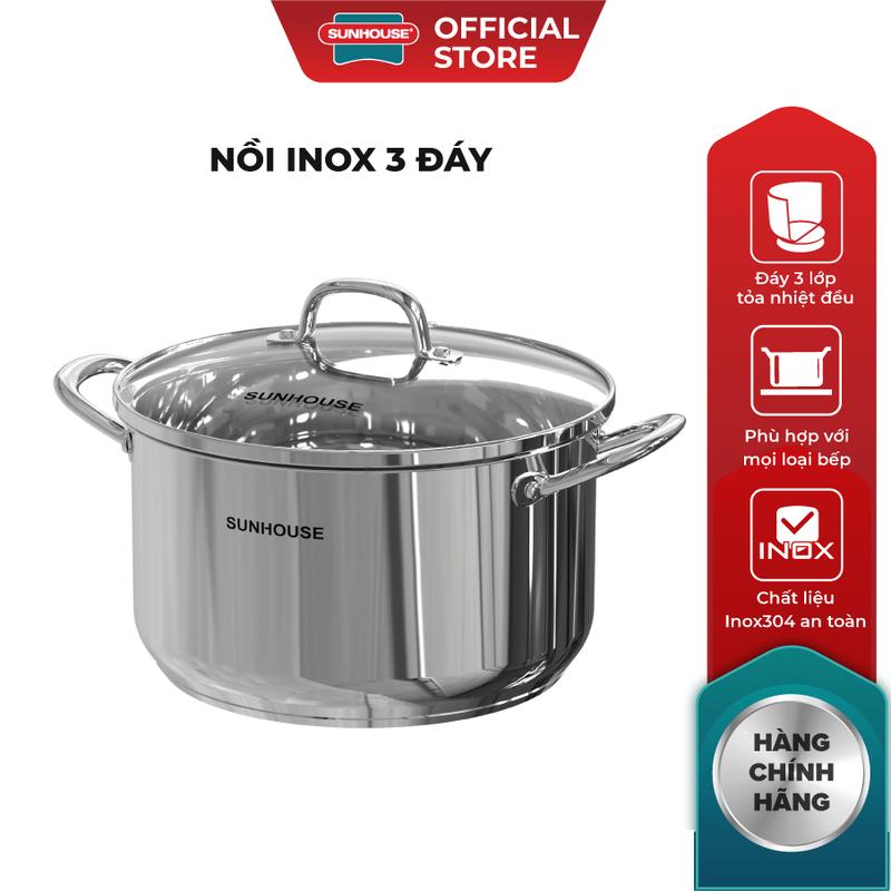 Nồi Inox 3 đáy Sunhouse SHG301 - 16/18/20cm - Dùng cho mọi loại bếp - Đáy 3 lớp - Hàng chính hãng