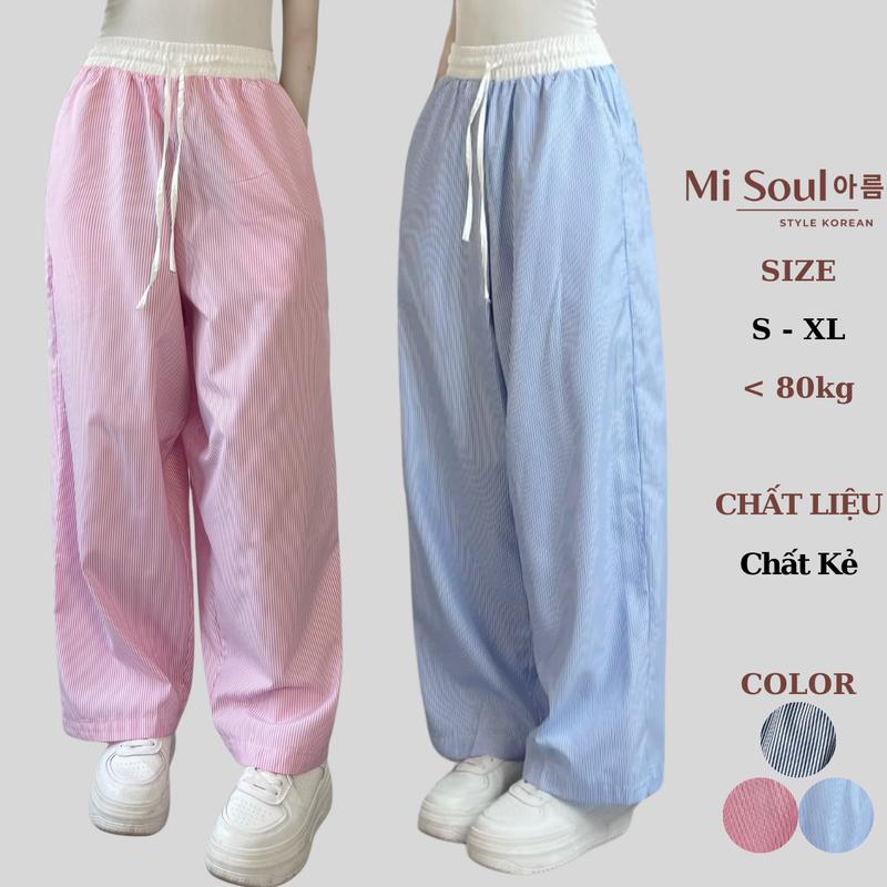 Quần Dài Harem Kẻ Sọc Phối Cạp Trắng Dây Rút BigSize MiSoul, Quần Kẻ Túi Hộp Dáng Thụng MiSoul 309 Nữ Women Pants Kem