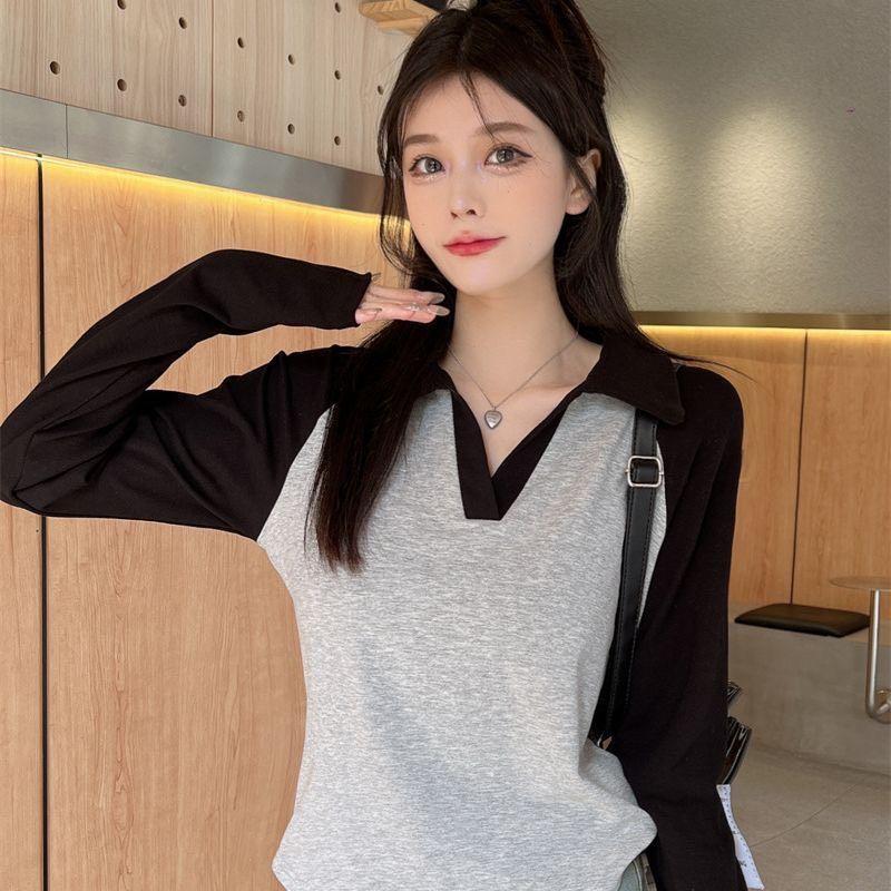 Áo thun nữ dài tay áo thun kiểu polo cổ bẻ tăm co giãn kiểu dáng basic A197 PANOSI Women Top Voi Voan 7