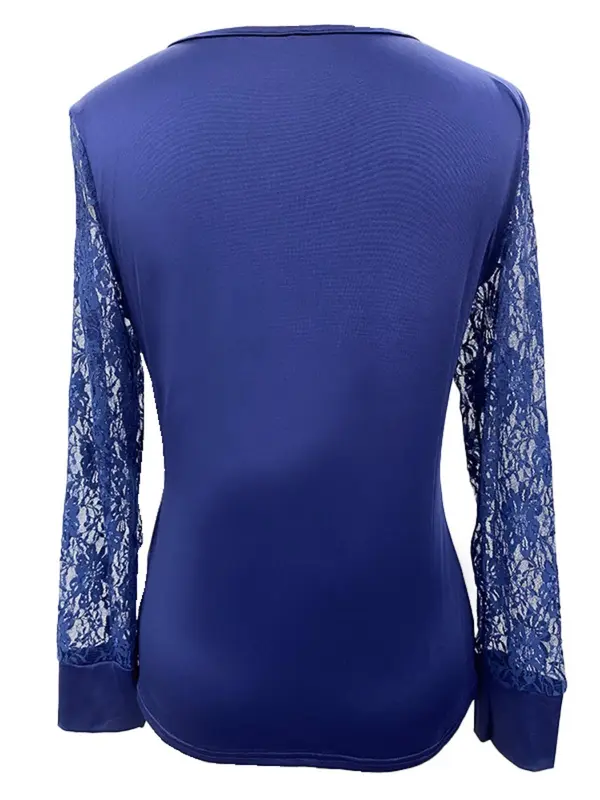 Women's Solid Contrast Lace V Neck Blouse, Fashion Casual Long Sleeve Top for Daily Wear, Women Clothing for Spring Fall, Clothes for Women 7