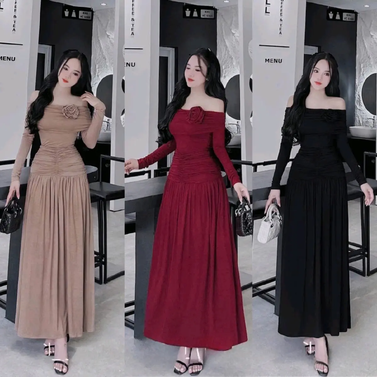 Đầm body cổ trễ nhúng dáng dài sang thanh lịch thiết kế đi tiệc/ đi chơi  _ Chất thun gân lạnh