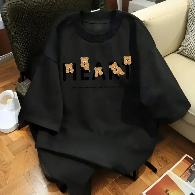 Áo Thun Nữ, Phong Cách Hợp Xu hướng Chất Liệu Cotton Nguyên Chất, Thiết Kế Hình Gấu Hoạt Hình, Thường Ngày Và Dễ Thương, Dễ Phối Đồ Áo Ngắn Tay Hàng Mới Về 7