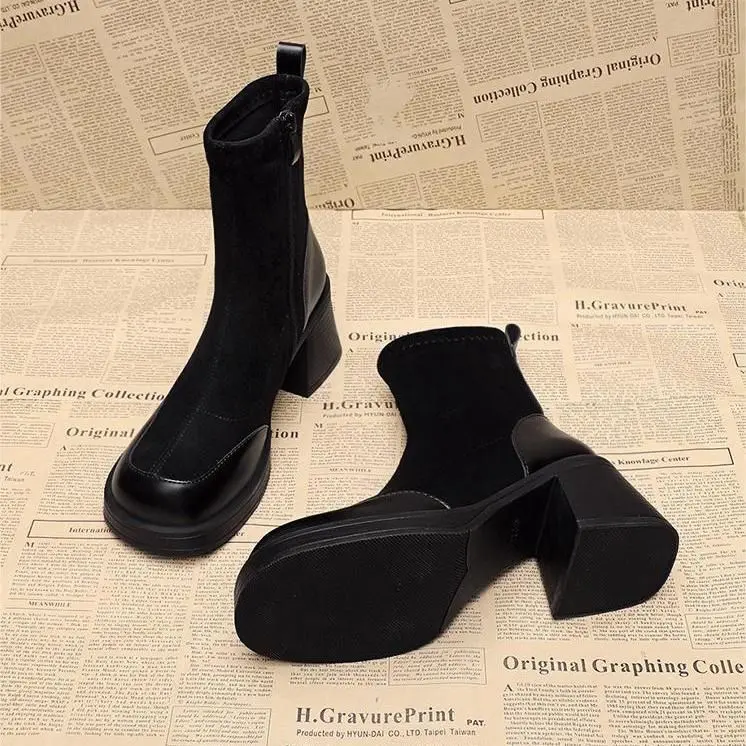 Chunky Heel Stretch Ankle Boots for Women Spring Autumn 2024 New Hot Style High-end Chunky Heel Elastic Sock Boots Orthotic