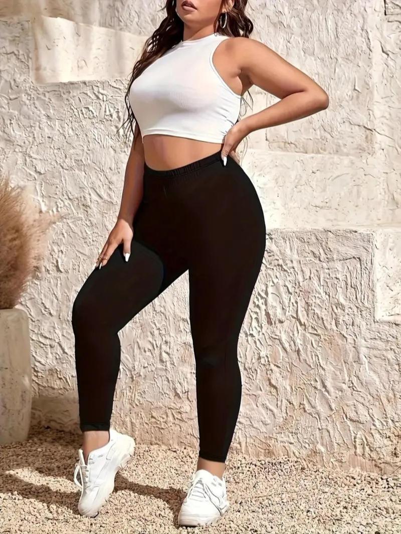 Product Introduction of 【Plus Size】 Solid High Waist Skinny Pants, Casual Comfy Trousers for Daily Wear, Women's Bottoms for All Seasons 3