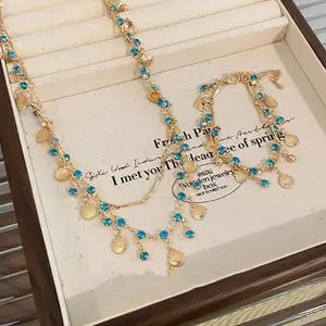 Kalung dan Gelang Terpisah Model Emas Zirkon Biru