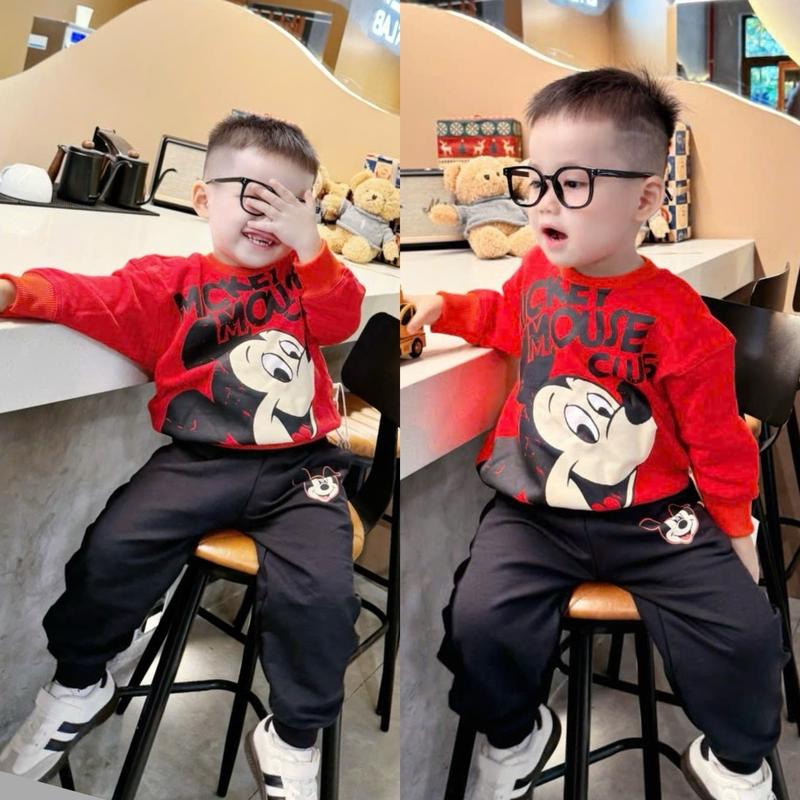 Nhà Cam Kids- Bộ Nỉ Mickey Đỏ Quần Đen Dài Tay Cho Bé