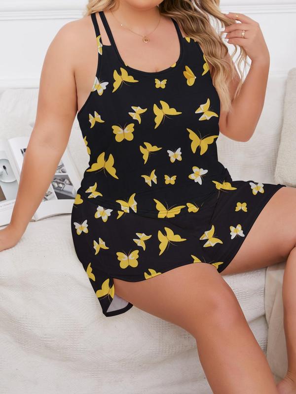 Plus Size Two-Piece Set Butterfly/Tie Dye Print Cami Top & Elastic Waist Shorts Pyjama Set, Casual Scoop Neck Sleeveless Top & Shorts Loungewear Set, Women's Sleepwear for All Seasons 7