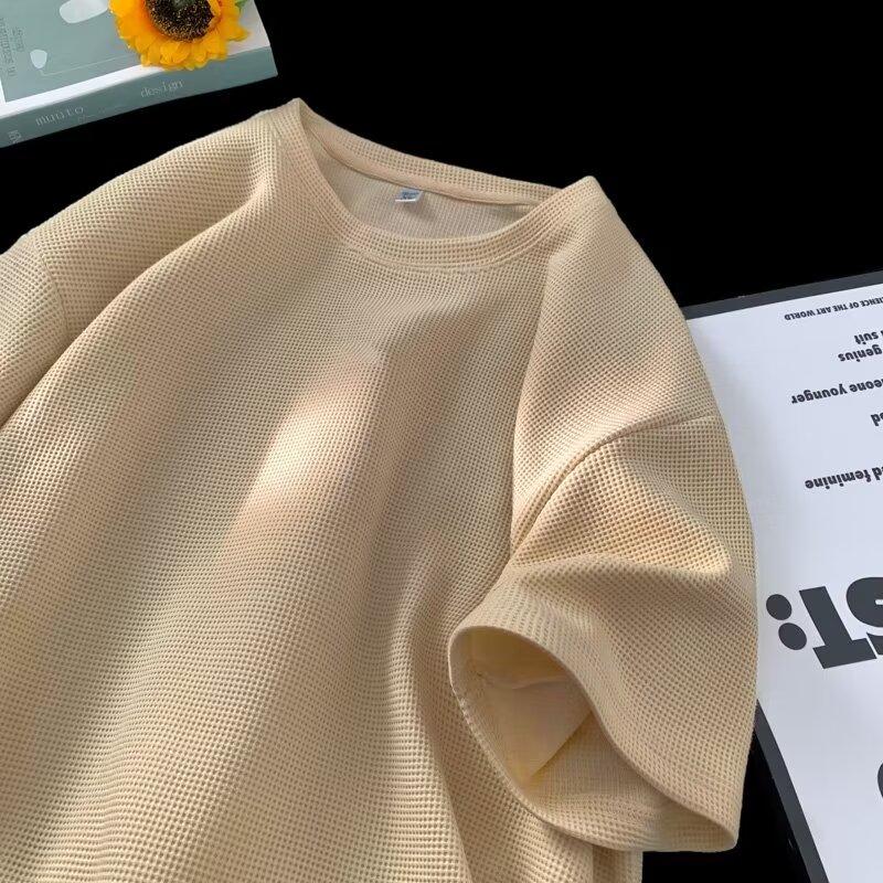 Product Introduction of M-8XL Korean Basic Waffle Oversize Top Men Casual Loose Plain Short Sleeve Plus Size T Shirt 1