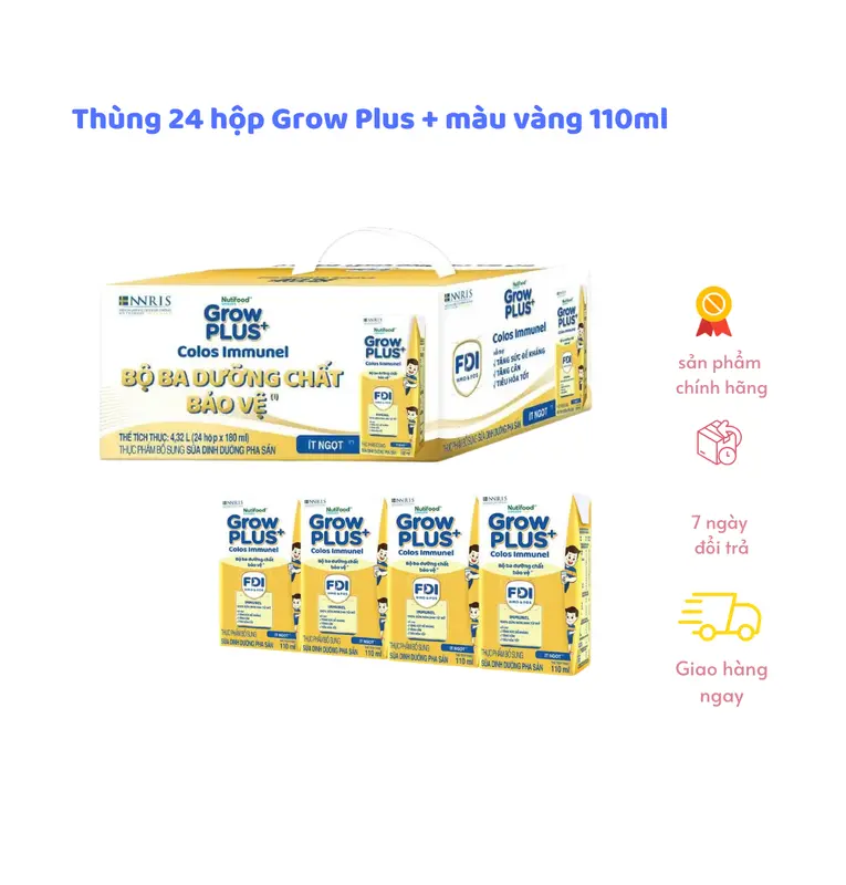 Thùng 24 hộp 110ml sữa pha sẵn ít ngọt Nutifood Swenden Growplus+ Colos Immunel  2.64L  Sữa, Growplus bổ sung Vitamin Cho Bé 0