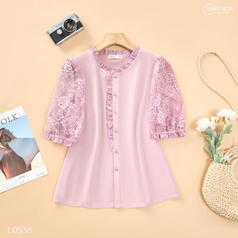 Áo REN CAO CẤP PHỐI CHIFFON Nữ Trung Niên Thanh Lịch Trang Nhã tặng mẹ thương hiệu Thiều Hoa AN4L0536 Women Top Sơ Mi Cổ Tròn