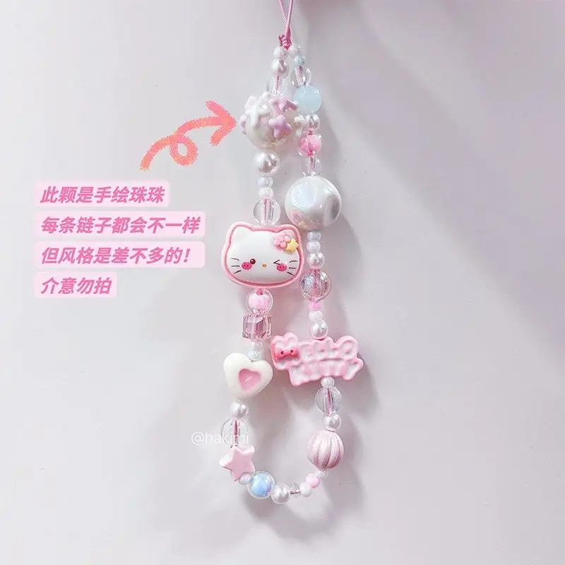 Charm Điện Thoại Di Động Thiết Kế Mèo Kitty Đính Cườm Màu Hồng, Được Vẽ Tay, Dễ Thương Và Mềm Mại, Dây Đeo Buộc Dây Chụp Ảnh CCD Chống Thất Lạc, Đồ Trang Trí Phone 3