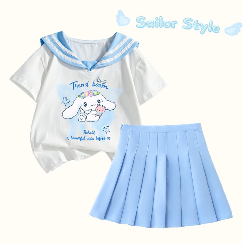 Bộ Đồ Trở Lại Trường Học Cho Bé Gái, Áo In Hình Bướm Tưởng Tượng Cinnamoroll Cổ Thủy Thủ Khối Màu, Váy Xếp Ly Trơn Phong Cách Preppy, Trang Phục Hai Mảnh